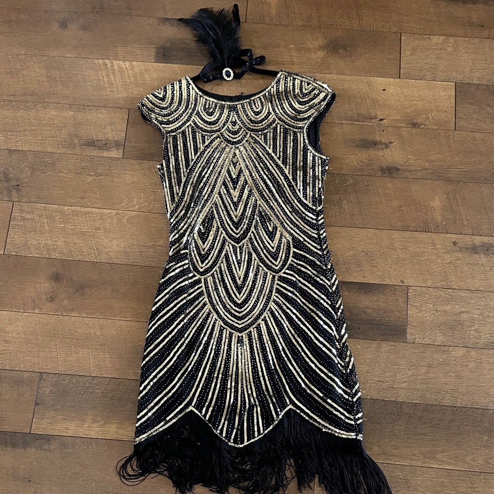 Black and Gold Beaded Flapper Dress